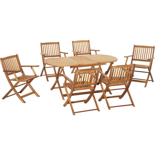 7 Piece Wooden Garden Furniture Set Folding Dining Table and Armchair - Teak - Outsunny