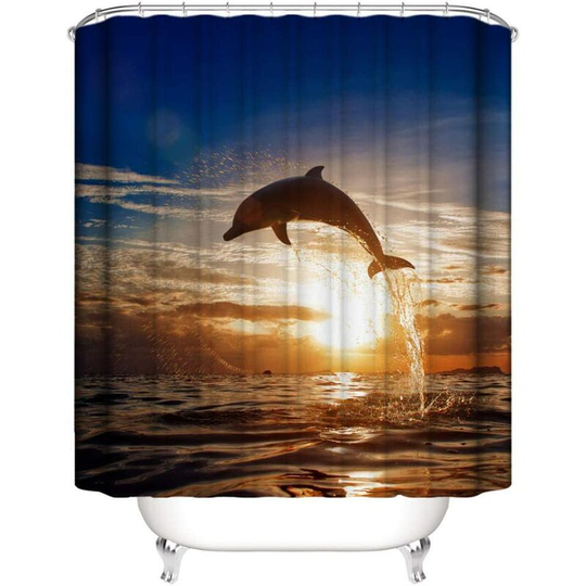 1 Piece Waterproof Shower Curtain Polyester Jumping Dolphin Decorative Pattern Bathroom Bathtub with Hook Mildew Resistant Washable 180*180cm