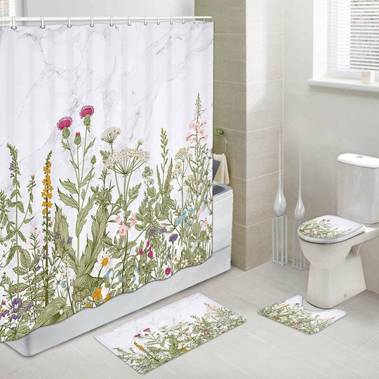 Ilovemilan - Marble Floral Shower Curtain and Bath Mat Set72x72 Inch, Vintage Floral Border Herbs and Wild Flowers Bathroom Mat Set with Contour