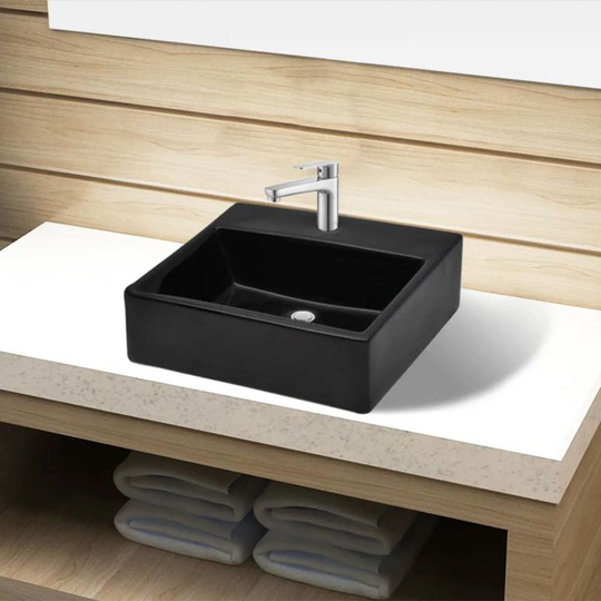 Ceramic Bathroom Sink Basin with Faucet Hole Black Square VD04219