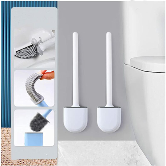 2PCS Silicone Toilet Brush and Toilet Holders Toilet Brush Depth, Toilet Sweeper with Long Non-Slip Plastic Handle and Flexible Bristles, Toilet