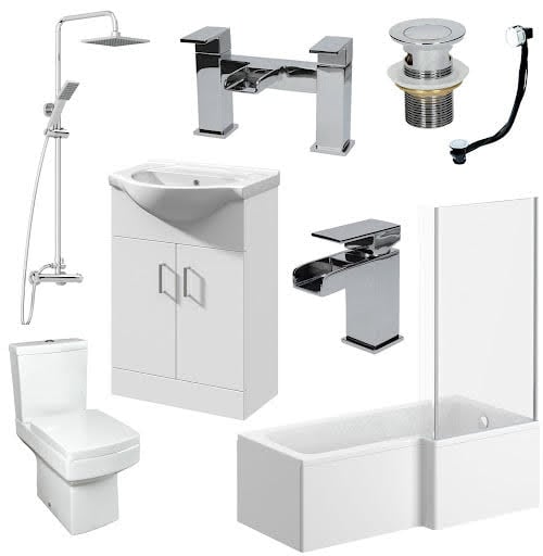 L Shape Bathroom Suite with Bath, Shower, Toilet, Taps & Vanity Unit - Right 1700mm