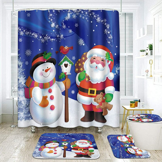 Ilovemilan - 4 Piece Shower Curtain Sets with 12 Hooks, Christmas Greetings Snowman Santa Claus with Non-Slip Rugs, Toilet Lid Cover and Bath Mat,