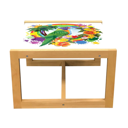 Parrot Coffee Table, Animal Lorikeet In Rainbow Circle Palm Trees Tropical Plants Flowers Art Print, Acrylic Glass Center Table With Wooden Frame For