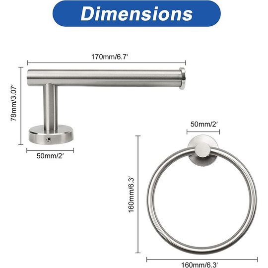 2 Pieces Bathroom Hardware Accessories, Towel Ring and Toilet Paper Holder- Stainless Steel Bathroom Towel Hanger and Hand Towel Holder, Wall Mou