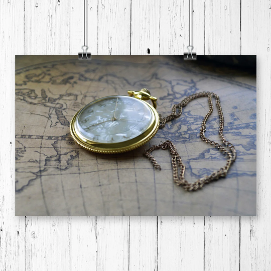 'Vintage Pocket watch and World Map' Graphic Art