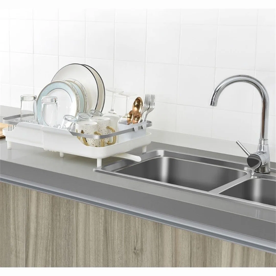 Dish Drainer Rack, Extendable Dish Drying Rack, Spout Drains Into Sink, Protective Tips, Cutlery Holder, Off White Color