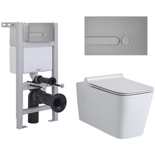 Milano - Elswick - White Ceramic Modern Bathroom Wall Hung Square Toilet wc with Short Wall Frame Cistern and Dot Satin Chrome Flush Plate