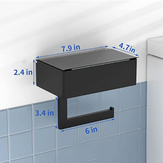 Toilet roll holder with storage shelf - wall-mounted bathroom roll holder (black)