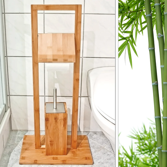 Gretna Free Standing Bamboo Toilet Brush and Paper Roll Holder with Hygienic Container