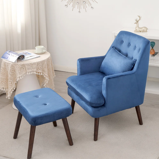 Velvet Accent Armchair With Footstool Blue