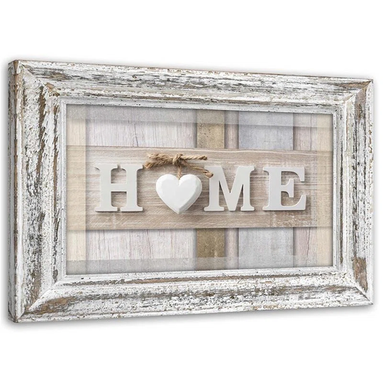 Canvas print, Home inscription in pastel colours with frame