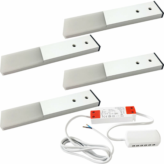 Loops - 4x aluminium Slim Rectangle Under or Over Cabinet Kitchen Light & Driver Kit - Natural White led
