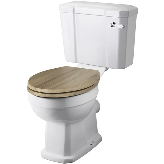 Milano - Richmond - White Ceramic Traditional Close Coupled Bathroom Toilet Pan wc and Cistern with Warm Oak Effect Wooden Seat