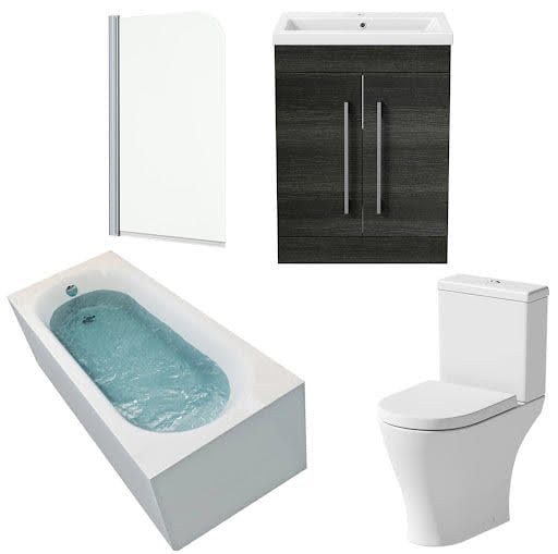 Bathroom Suite with Curved Bath, Toilet, Bath Screen & Vanity Unit 1700mm