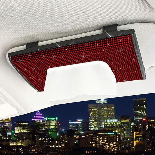 1 Pack Bling Bling Car Visor Tissue Box Holder, Sparkling Crystal Towel Holder, Back Seat pu Leather Tissue Box, Women's Auto Parts, Black Red