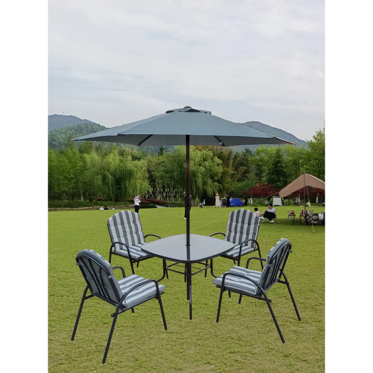 Table Set + 4 Armchairs With Cushion + Umbrella. Gray