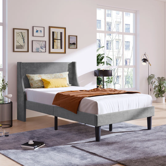 Single Bed Velvet Grey 3FT Upholstered Bed With Winged Headboard, Wood Slat Support