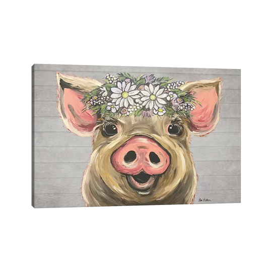 Posey the Pig with Daisies Farmhouse Style - Painting Print on Canvas