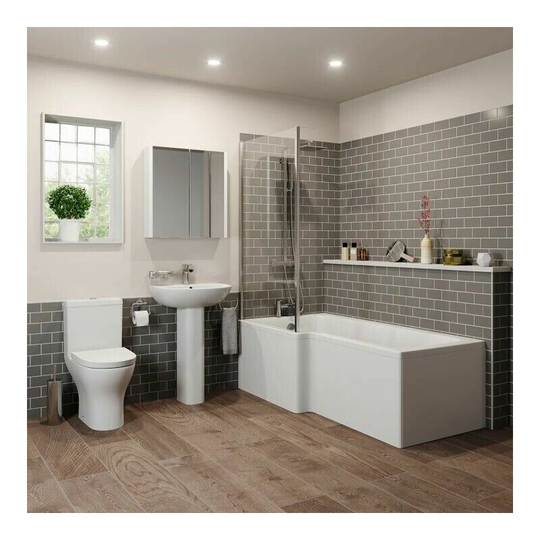 Bathroom Suite 1500mm Left Hand l Shape Shower Bath Toilet Basin Sink Pedestal - White