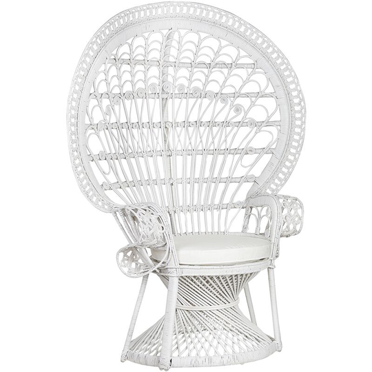 Rattan Peacock Chair Wicker Indoor/Outdoor High Back 1 Cushion Black Emmanuelle - White