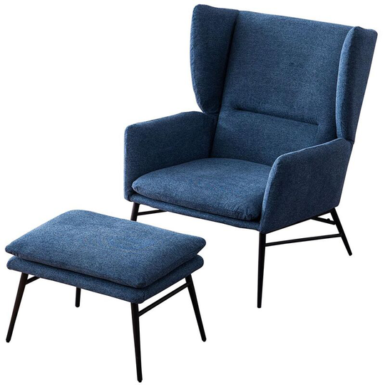 Clara Wing Back Occasional Fabric Lounge Accent Chair Living Room Armchair Blue with Footstool - Blue with Footstool
