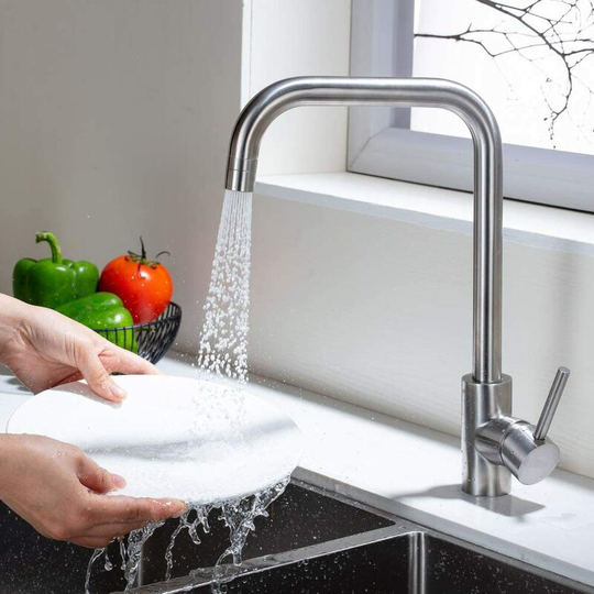 Modou - Brushed Kitchen Faucet 2 Spouts Options 360° Swivel Spout Eco Sink Faucet Brass Kitchen Mixer Tap SS304 Stainless Steel Kitchen Faucets