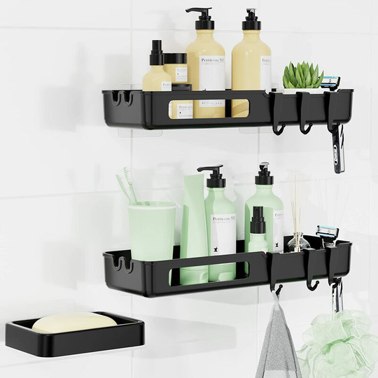 Bathroom Shelf Without Drilling, Rustproof Shower Shelf, Stainless Steel Shower Holder Without Drilling 2 Pieces with Soap Dish and 6 Hooks, For Soap
