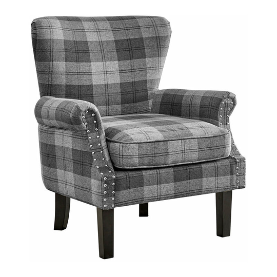 Wing Back Armchair Occasional Accent Chair Studded Design, Tartan Fabric- Grey
