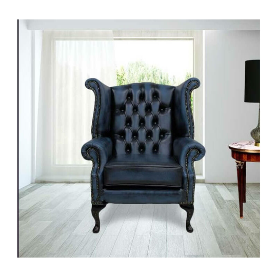 Chesterfield Queen Anne High Back Wing Chair Antique Blue Leather