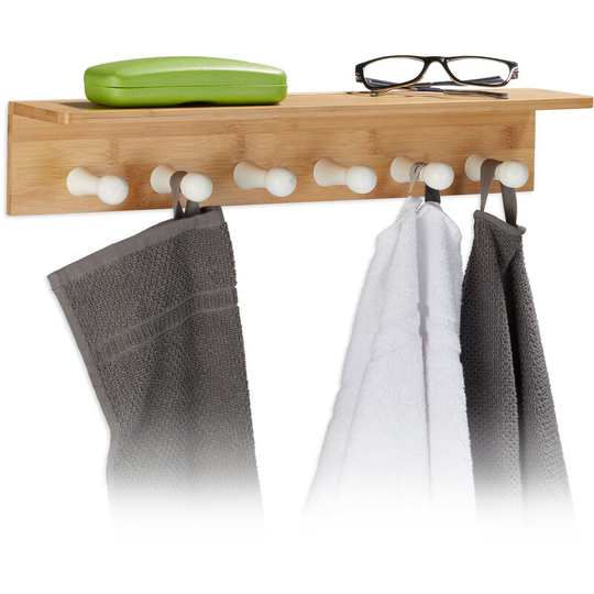 Relaxdays Bamboo Towel Hooks, HxWxD: 10 x 50 x 9 cm, Wall-Mounted Towel Hanger with 6 Hooks, Wooden, Bathroom Rack, Natural Brown