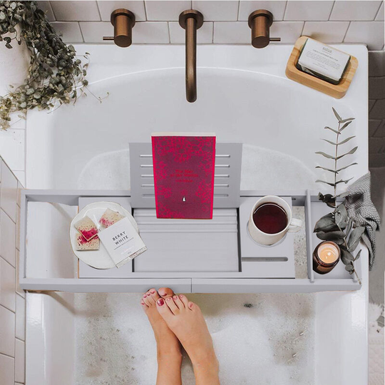 Bamboo Wood Bathtub Tray with Tablet Holder Cup Slot, Grey - Livingandhome