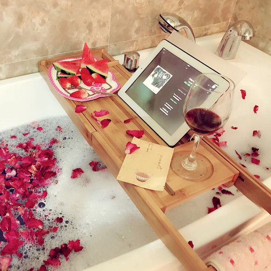 Belfry Bathroom Bamboo Bath Caddy Bath Tray With Extending Sides Built In Book Tablet Ipad Holder Cellphone Soap Tray & Wineglass Holder Bath Bridge W