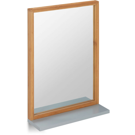 Wall-Mount Vanity Mirror with Shelf, Hanging Bathroom Mirror, Bamboo & mdf, Natural/Grey - Relaxdays