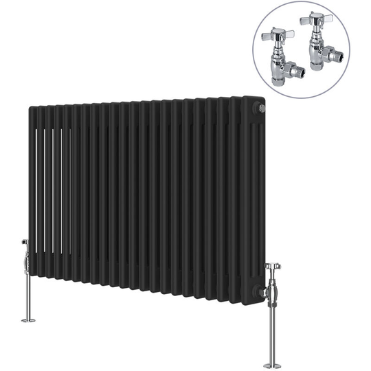 NRG - Black Traditional Cast Iron Style Radiator with Chrome Angled Cross Head Manual Valves Horizontal 3 Column 600x1012mm
