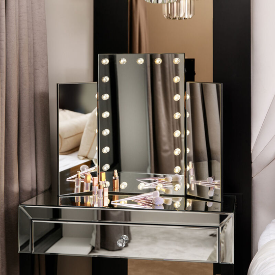 Millie Tabletop Makeup Tri-Fold Mirror Illuminated with led Lights Hollywood Vanity Style Cosmetic Perfect For Dressing Table Dresser Bedroom Hallway