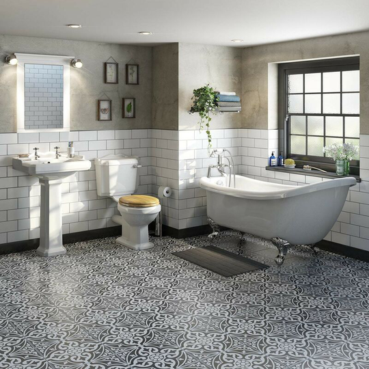 Winchester bathroom suite with roll top bath, taps and solid wood oak seat - White - Orchard