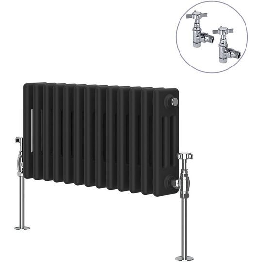 Traditional Rad Cast Iron Style Radiator Black + Chrome Angled Traditional Radiator Manual Valves 300x605mm Horizontal Triple Column