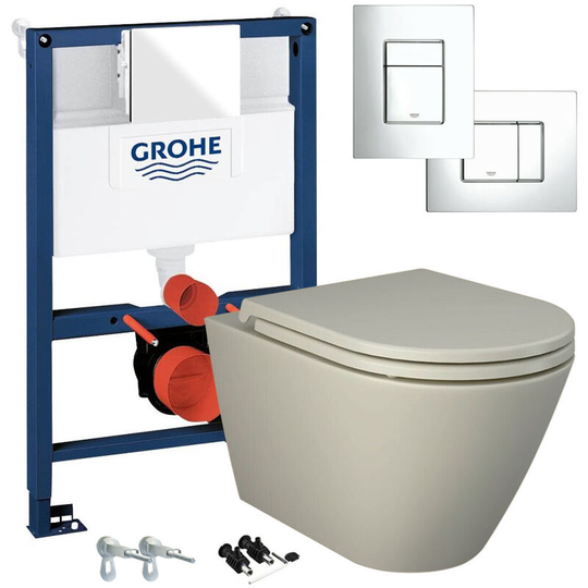 GROHE 0.82M Low Height Concealed Cistern WC Frame & RAK Rimless Wall Hung Toilet - Matt Greige