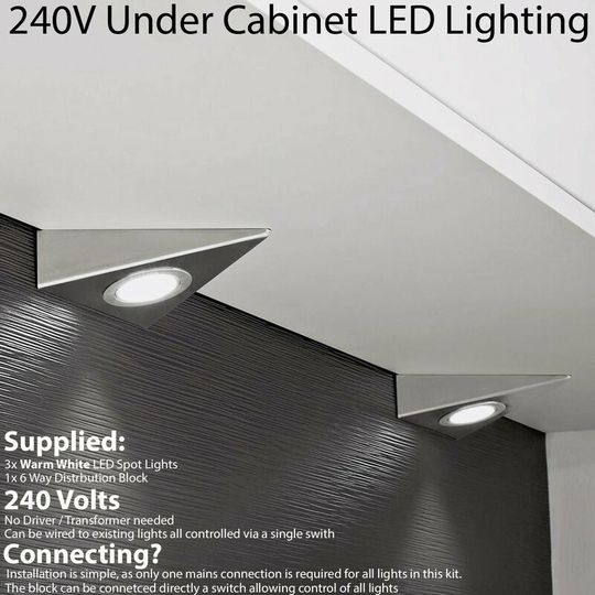 Loops - 3x brushed nickel Triangle Surface Under Cabinet Kitchen Light Kit - 240V Mains Powered - Warm White led