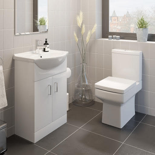 Royan Close Coupled Toilet & Essence Vanity Unit Gloss White 550mm