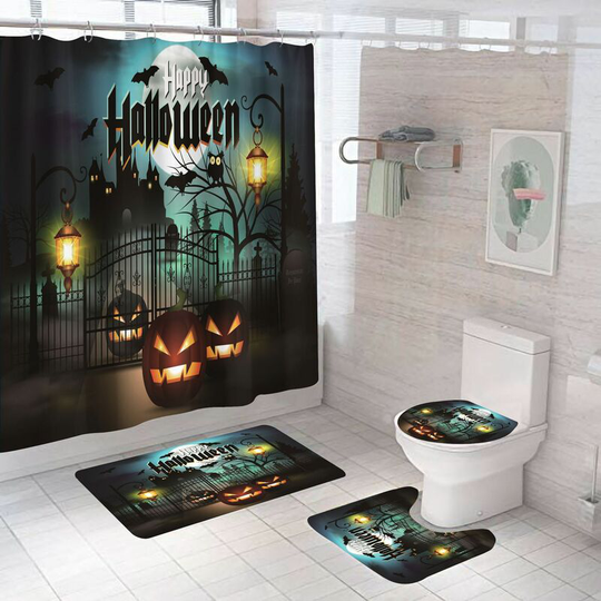Pumpkin Castle Halloween Shower Curtain Sets, Generic Halloween Bathroom Decor Set 71 inch x 71 inch - Shower Curtain with Mat, Toilet Lid Cover,