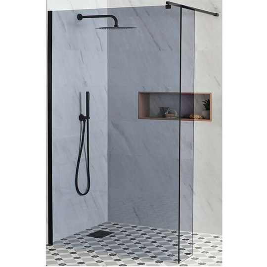 Nero-Luna - 800mm Recessed Walk In Frameless Wet Room Shower Enclosure with Smoked Glass Screen, Return Panel, Support Arm and 1200mm Linear