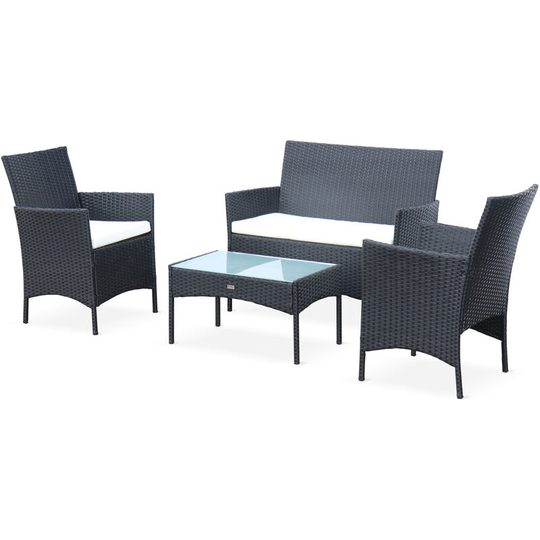 Rattan garden set - Moltès - Black, Off-white cushions - 4-seater - 1 sofa, 2 armchairs and 1 coffee table - Black