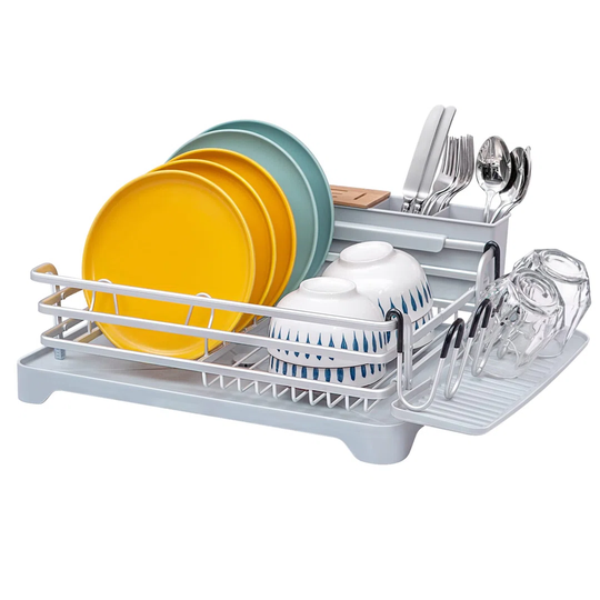 Aluminum Dish Drainer, Dish Drying Rack With Removable Cutlery Holder & Cup Holder, Unique 360° Swivel Spout Drain Board