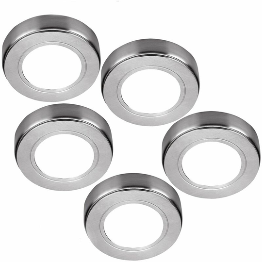 5x brushed nickel Round Surface or Flush Under Cabinet Kitchen Light Kit - 240V Mains Powered - Natural White led