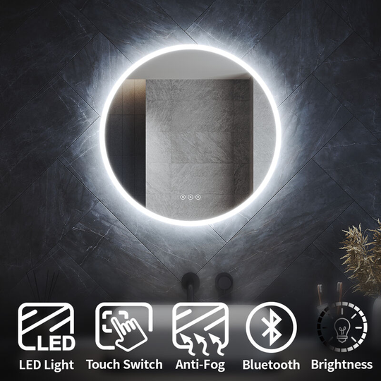 Elegant - Modern led Bathroom Mirror Round Dimmable Brightness with Sensor Touch Switch, Demester Pad, Bluetooth Speakers, Smart Illuminated Bathroom
