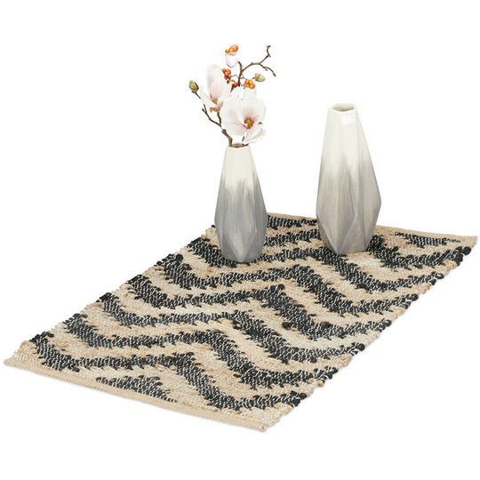 Small Runner Rug, Cotton & Jute, 50x80 cm, Non-slip, Hand-woven, Carpet Hallway, Kitchen, Zigzag, beige/black - Relaxdays