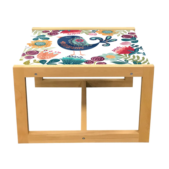 Bird Print Coffee Table, Composition Of Scandinavian Inspired Botanical Items, Acrylic Glass Center Table With Wooden Frame For Offices Dorms Night Bl