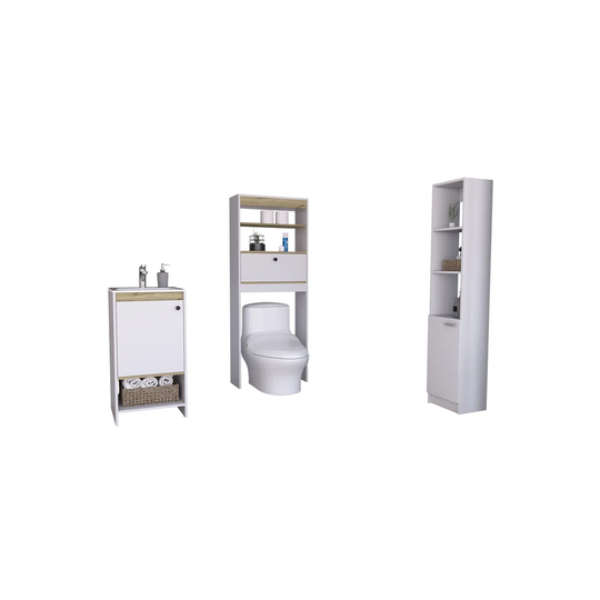 Set Malaga, Floor Standing Bathroom Cabinet With Sink + Bathroom Shelf Over Toilet + Bathroom Column